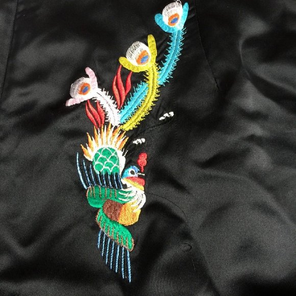 YI FANG CHEONGSAM DRESS WOMENS 44 BLACK SATIN ORIENTAL EMBROIDERED DRAGON VTG - Picture 5 of 16